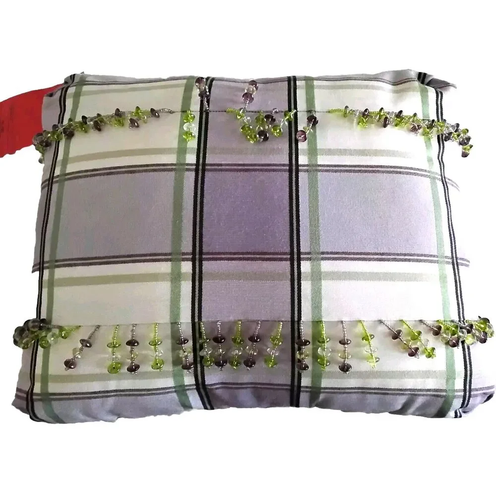 Lilac & Green Beaded Decrative Pillow with White Stripes Unique Excellent